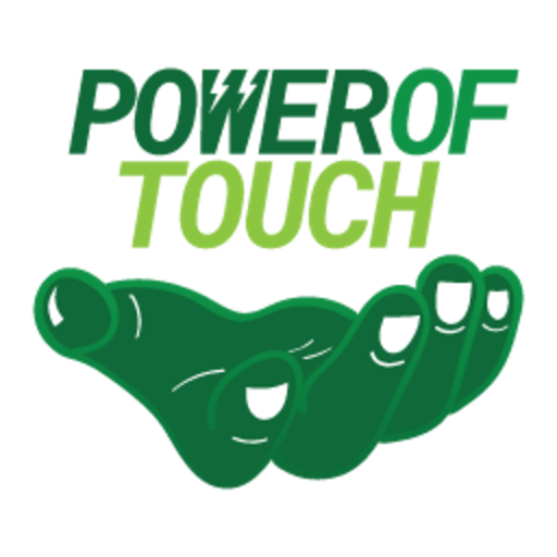 Green hand with white fingertips below text reading Power of Touch in green shades.