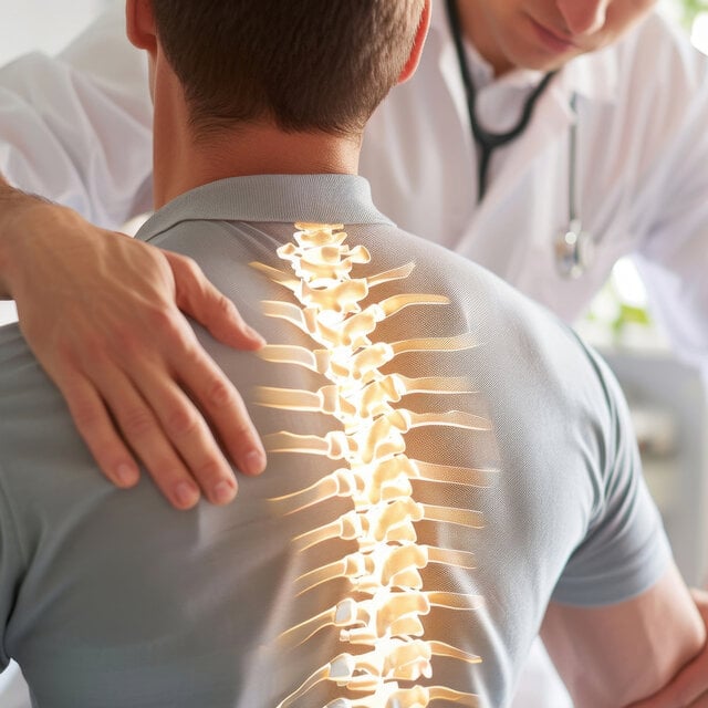 Doctor examining a patient with highlighted spine overlay on the patient's back in a medical setting.